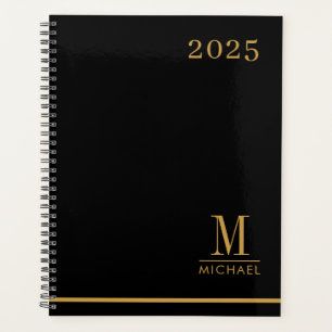 Moderne minimalistische gouden monogram zwart 2025 planner