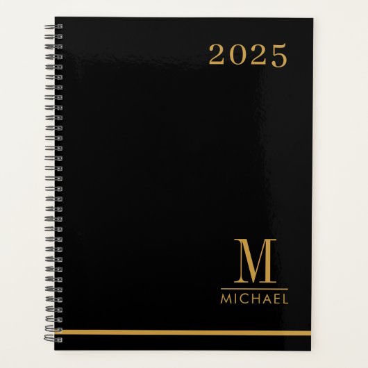 Moderne minimalistische gouden monogram zwart 2025 planner (Voorkant)