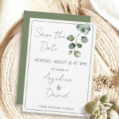 Moderne minimalistische groene eucaluptus bruiloft save the date