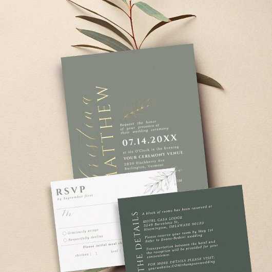 Moderne minimalistische groene salie bruiloft goud folie uitnodiging
