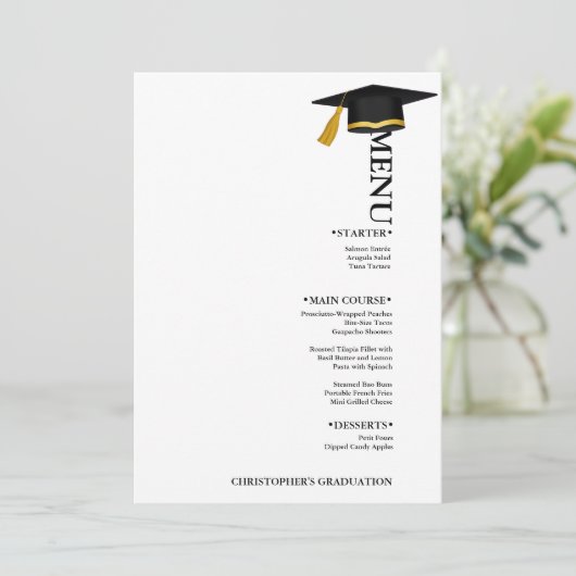 Moderne minimalistische kalligrafie afstudeerfeest menu (Staand voorkant)