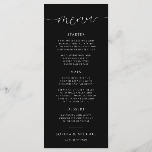 Moderne minimalistische kalligrafie Black Wedding Menu (Voorkant)