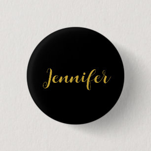 Moderne minimalistische kalligrafie naam zwart gou ronde button 3,2 cm