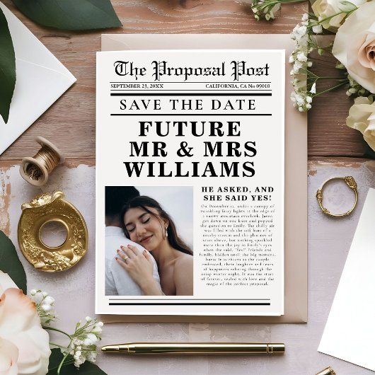 Moderne minimalistische krantenbruiloft bewaart de kaart