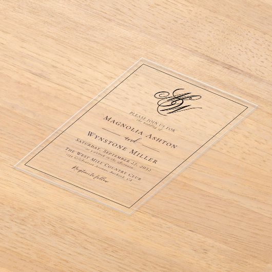 Moderne minimalistische monogram bruiloft acryl uitnodigingen (Laagn)