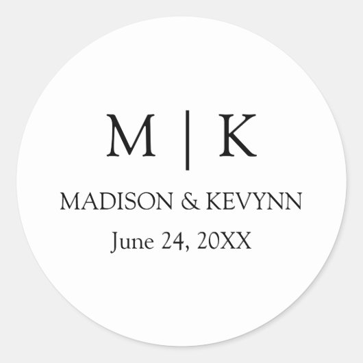 Moderne minimalistische monogram bruiloft envelop  ronde sticker (Voorkant)
