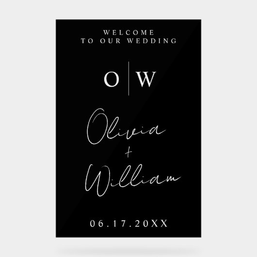 Moderne minimalistische monogram bruiloft Welkom Acryl Bord (Voorkant)