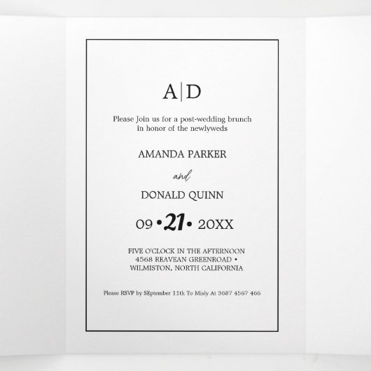 Moderne minimalistische monogram pre-bruiloft brun drieluik uitnodiging (Binnenkant midden)