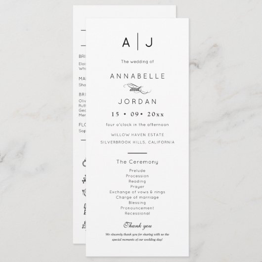 Moderne minimalistische monogram tijdloze bruiloft programma (Voorkant / Achterkant)