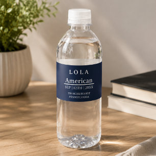 Moderne Minimalistische Navy Blauwe Zilveren Wat Waterfles Etiket