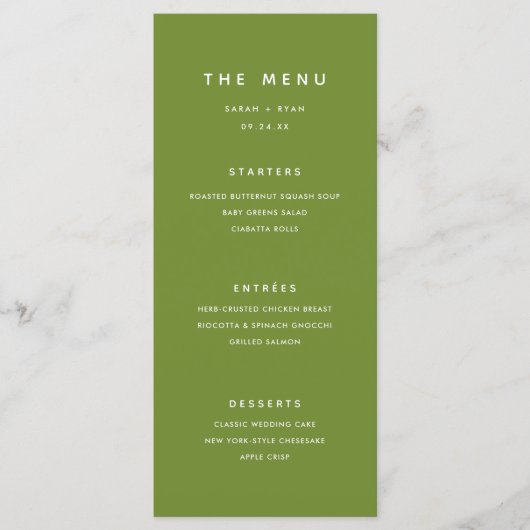 Moderne Minimalistische Olijfgroene Trouwdag Menu (Voorkant)