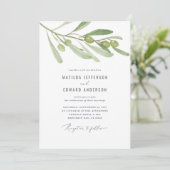 Moderne minimalistische olijftak salie bruiloft aankondiging (Staand voorkant)