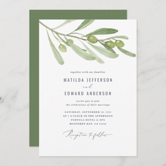 Moderne minimalistische olijftak salie bruiloft aankondiging (Voorkant / Achterkant)