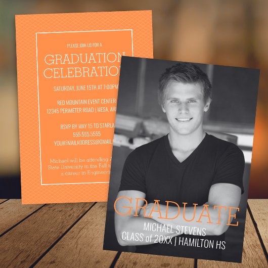 Moderne minimalistische Oranje Art Deco Afstuderen Aankondiging