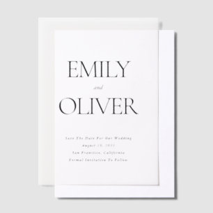 Moderne minimalistische paar namen foto bruiloft vellum uitnodigingen