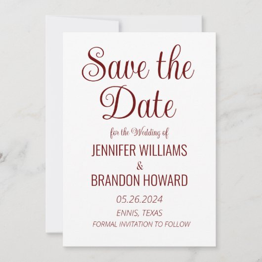 Moderne minimalistische QR-code Burgundy Elegant W Save The Date (Voorkant)