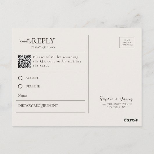 Moderne minimalistische QR-codekalligrafie RSVP Briefkaart (Achterkant)