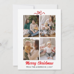 Moderne Minimalistische Rode Strik voor 4 Foto's P Feestdagenkaart