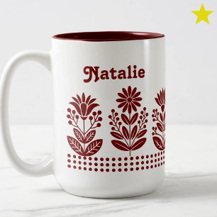 Moderne Minimalistische Rode Volkskunst Bloemen Aa Tweekleurige Koffiemok