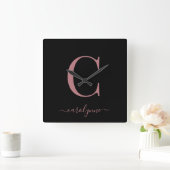 Moderne minimalistische Roos Gold Monogram Script- Vierkante Klok (Huis)