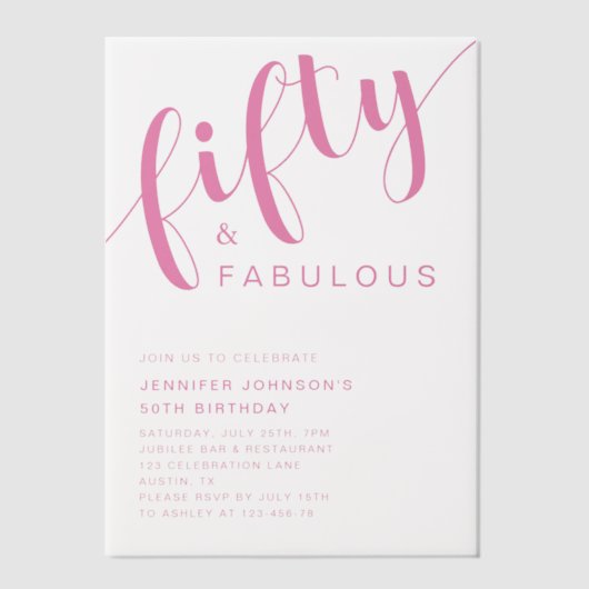 Moderne minimalistische roze 50ste verjaardag vellum uitnodigingen (Voorkant)