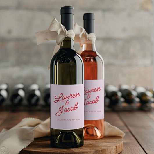Moderne minimalistische roze en rode bruiloft wijn etiket