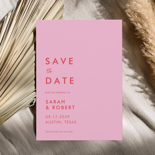 Moderne minimalistische roze rode bruiloft save the date