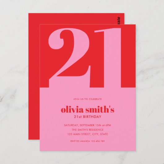 Moderne minimalistische roze roze 21ste verjaardag briefkaart (Voorkant / Achterkant)