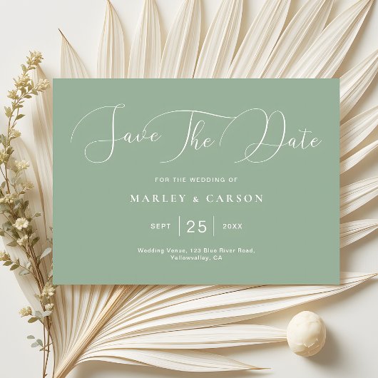 Moderne minimalistische Sage Green Script Wedding Save The Date