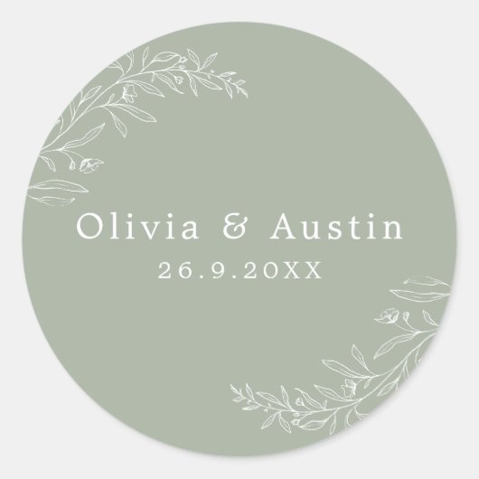Moderne minimalistische salie groene bruiloft enve ronde sticker (Voorkant)