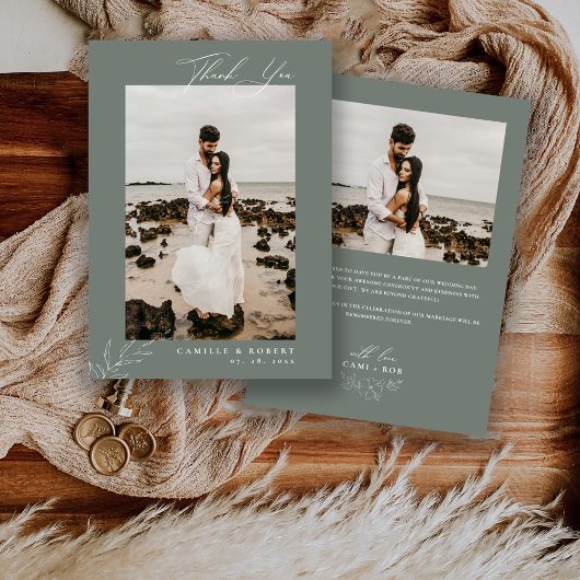 Moderne minimalistische salie kalligrafie foto bru bedankkaart