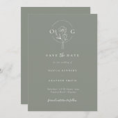 Moderne Minimalistische Saliegroen Trouw Monogram Save The Date (Voorkant / Achterkant)