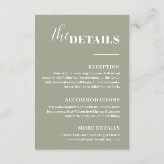 Moderne minimalistische saliegroene details informatiekaartje (Voorkant)