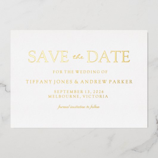 Moderne Minimalistische Save The Date Gouden  Folie Uitnodiging (Voorkant)