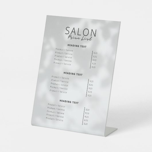 Moderne minimalistische schoonheidssalon prijslijs reclamebord met voetstuk (Voorkant)