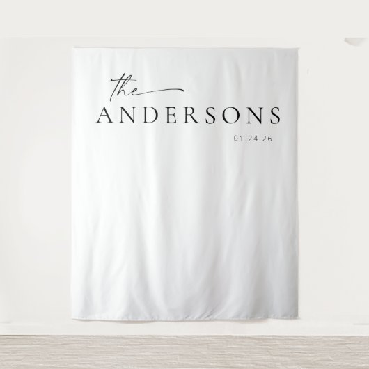 Moderne Minimalistische Script Huwelijksfotobackdr Wandkleed (Voorkant)
