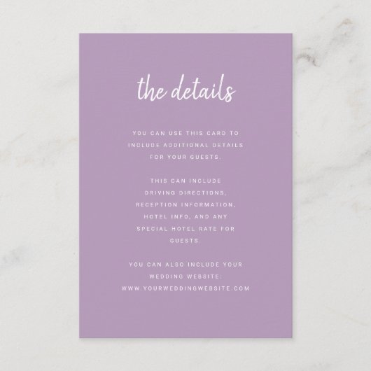 Moderne minimalistische script lavendel bruiloft d informatiekaartje (Voorkant)