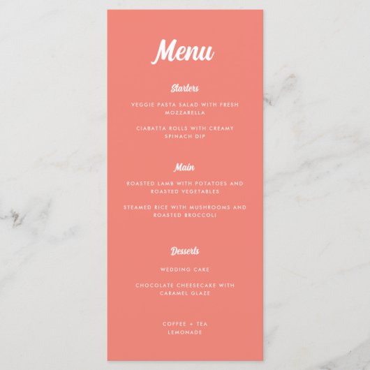 Moderne Minimalistische Script Roze Koraal Huwelij Menu (Voorkant)