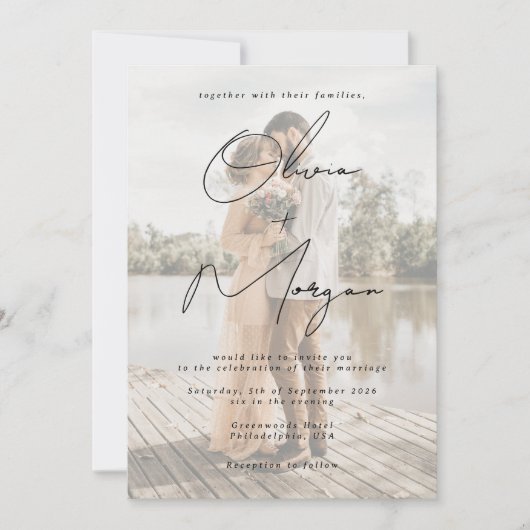 Moderne, minimalistische scriptbruiloft kaart (Voorkant)