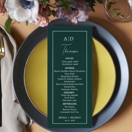 Moderne Minimalistische Smaragdgroene Monogram Bru Menu