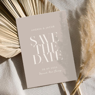 Moderne minimalistische taupe beige chique bruilof save the date