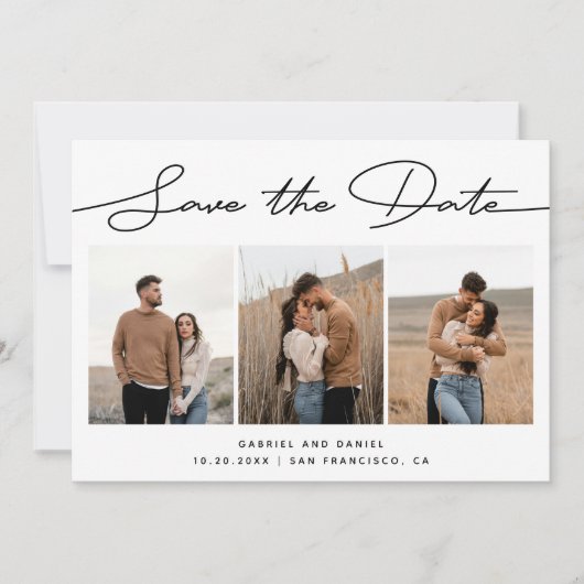 Moderne Minimalistische Trouw | Script Drie Foto Save The Date (Voorkant)