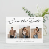 Moderne Minimalistische Trouw | Script Drie Foto Save The Date (Staand voorkant)