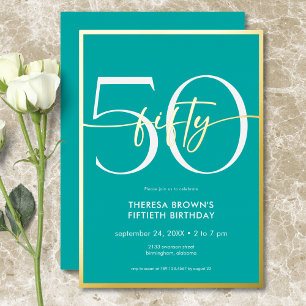 Moderne Minimalistische Turquoise Vijftig Script V Folie Uitnodiging