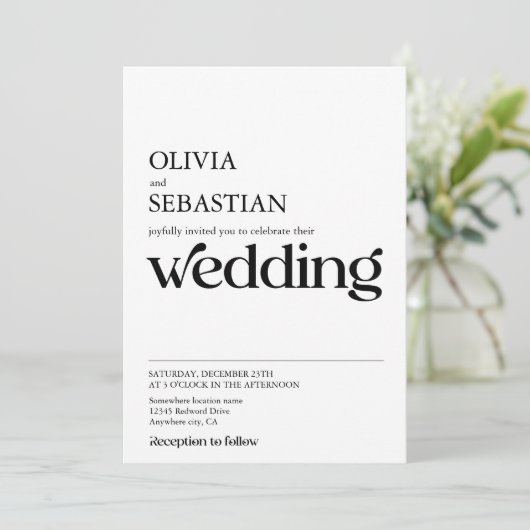 Moderne minimalistische typografie Witte bruiloft Kaart (Staand voorkant)