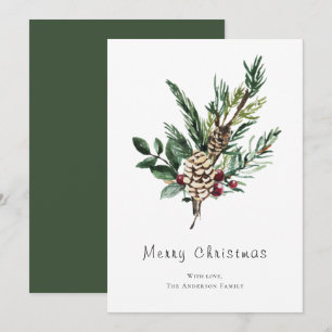 Moderne minimalistische Waterverf Holly Pine Cone Feestdagenkaart