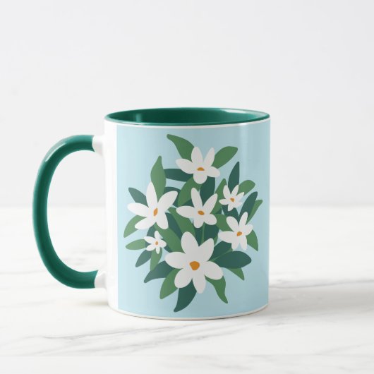 Moderne minimalistische witte jasmijn bloemen op b mok (Links)