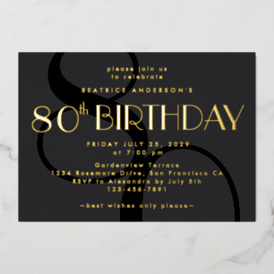 Moderne minimalistische zwart 80e verjaardag goud folie uitnodiging