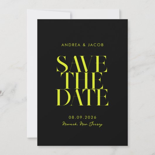 Moderne minimalistische zwart gele chique bruiloft save the date (Voorkant)