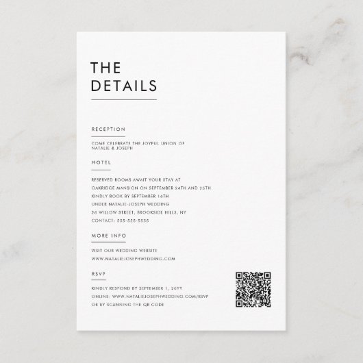 Moderne minimalistische zwart-wit bruiloft details informatiekaartje (Voorkant)